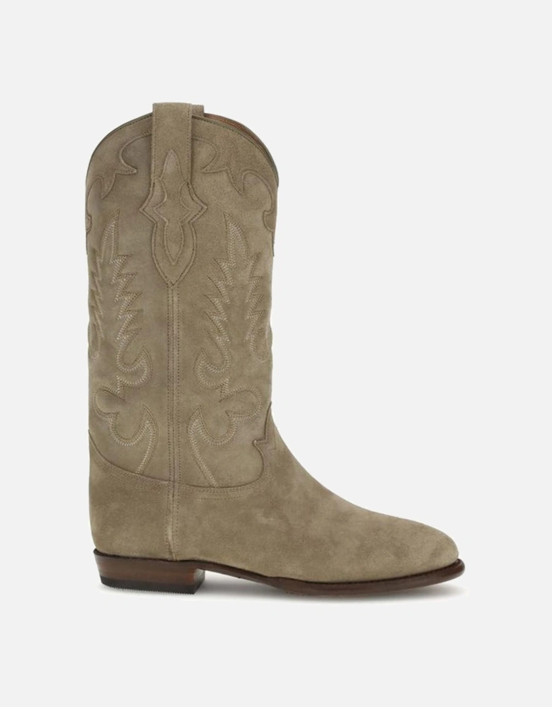 Western Suede Mid-Calf Boots with Quilted Stitching Women - Beige