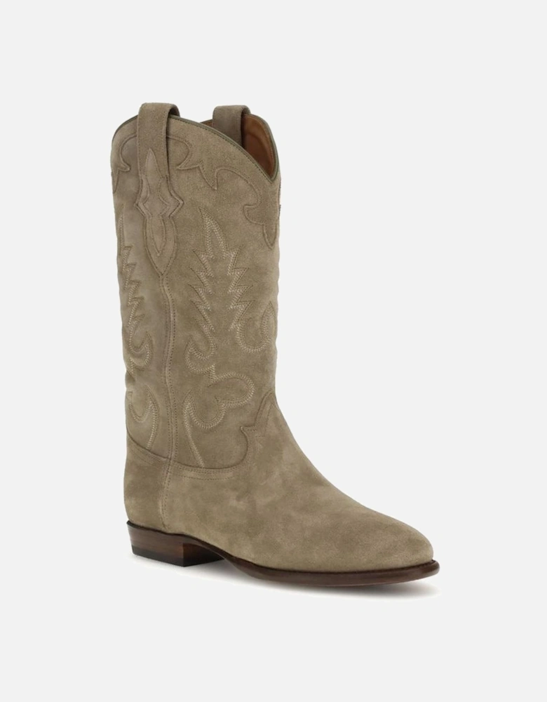 Western Suede Mid-Calf Boots with Quilted Stitching Women - Beige
