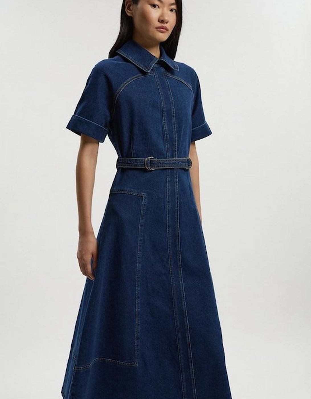Stretch Denim Tab Belt Detail Midi Dress, 2 of 1