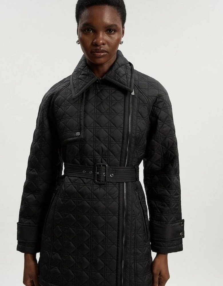 Diamond Quilted Belted Short Puffer Trench Jacket