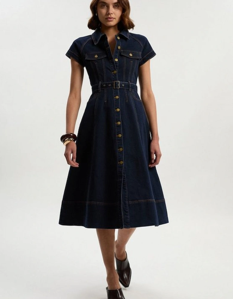Petite Denim Corset Waist Detail Full Midi Dress