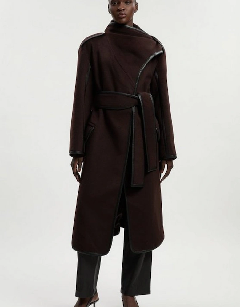 Petite Brushed Wool Pu Mix Scarf Neck Belted Tailored Maxi Coat