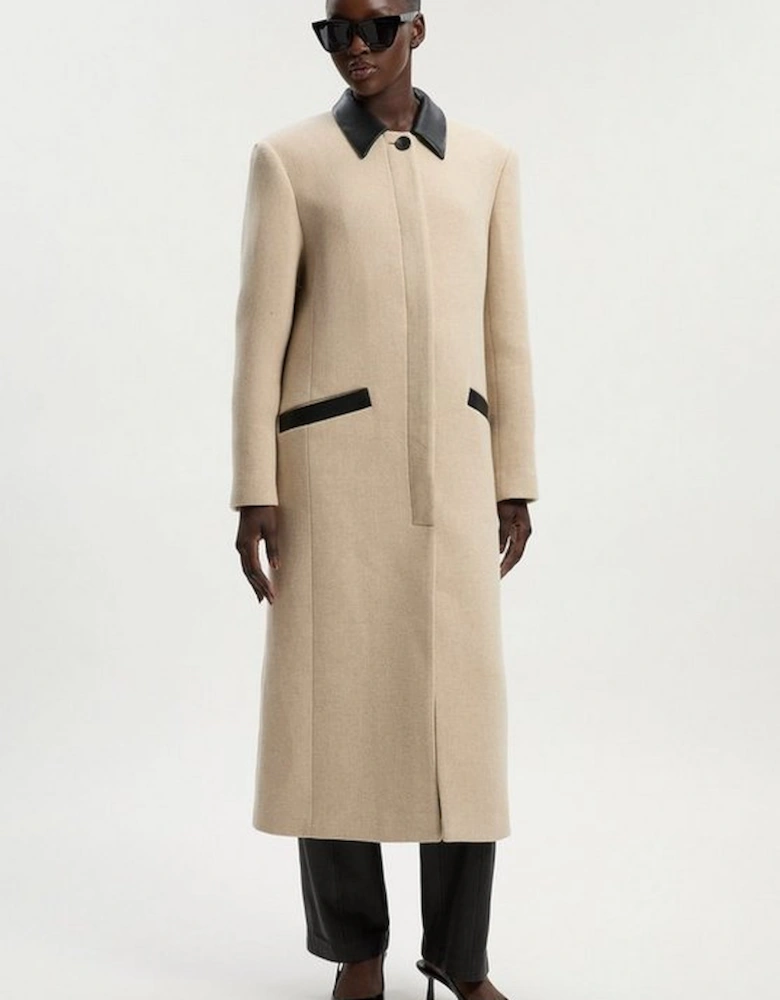 Wool Pu Mix Tailored Midi Coat
