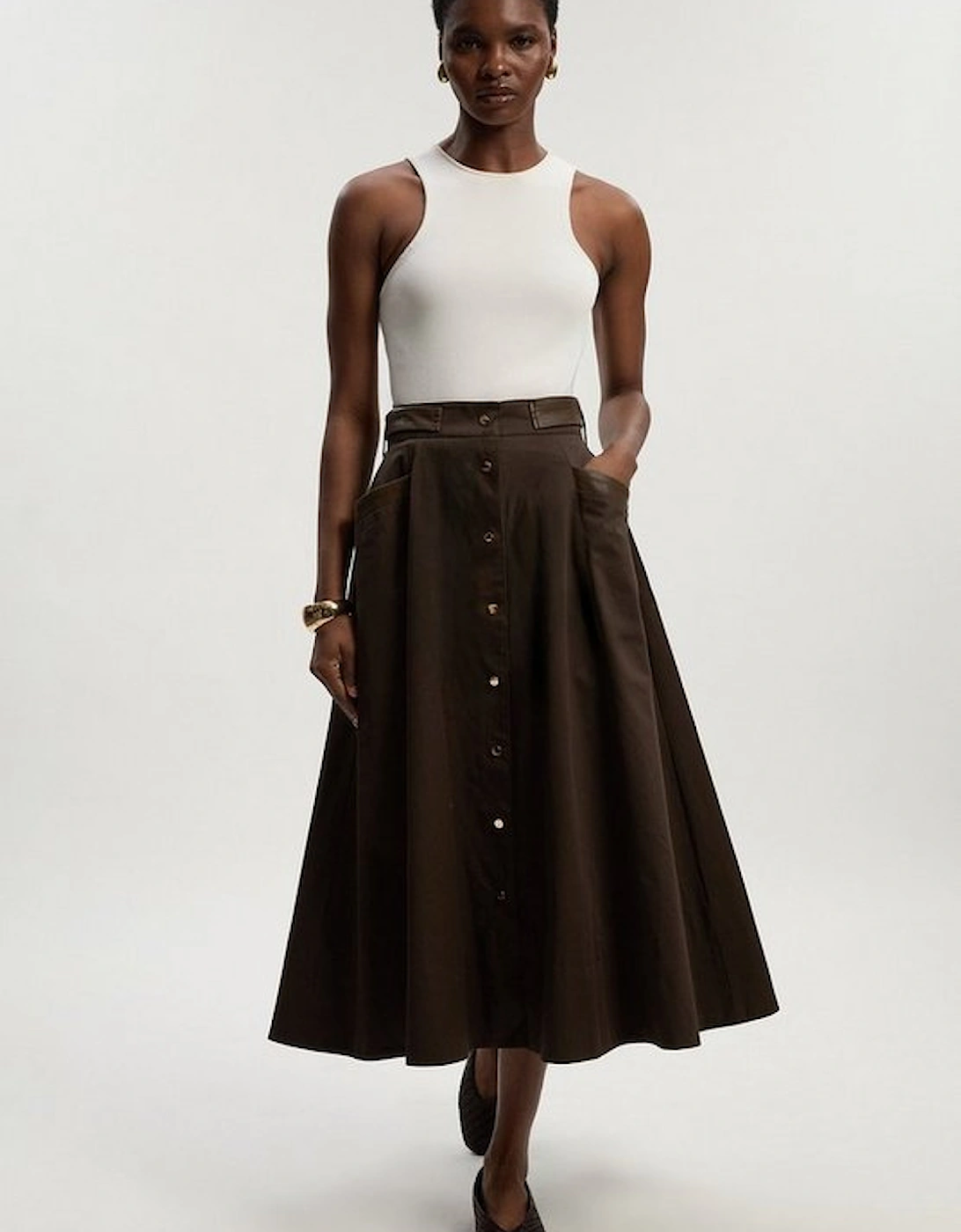 Tall Cotton & Faux Leather Tab Full Maxi Skirt, 2 of 1