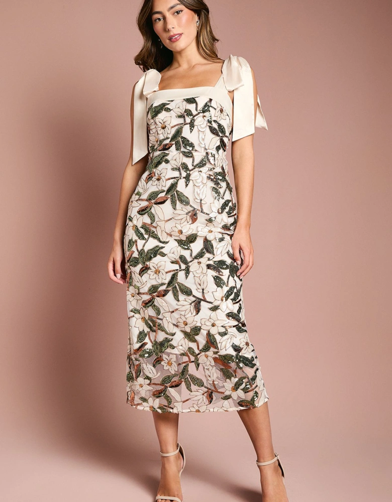Satin Trim Floral Sequin Column Midi Dress