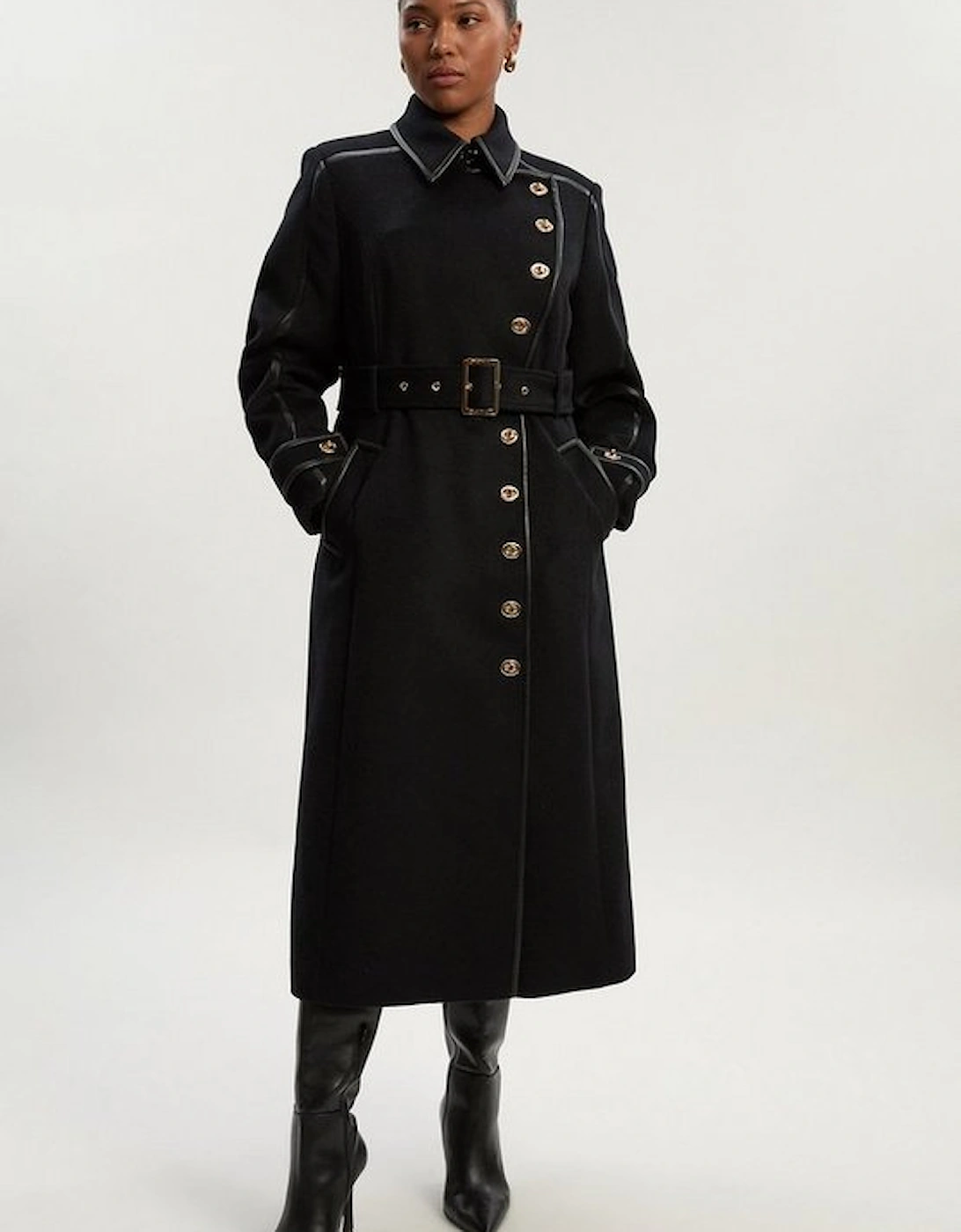 Plus Size Brushed Wool Pu Mix Gold Trim Belted Midi Coat, 2 of 1
