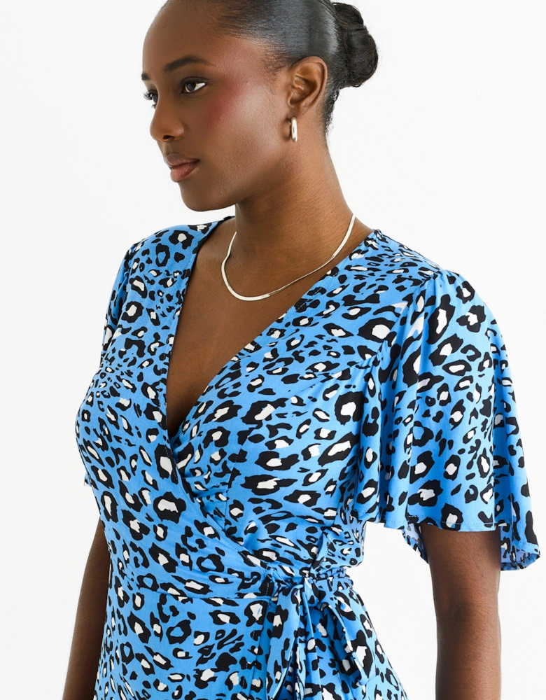 Blue Animal Print Viscose Wrap Midi Dress