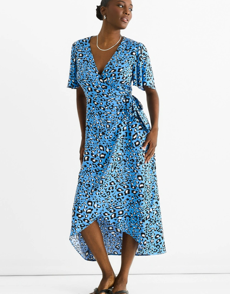 Blue Animal Print Viscose Wrap Midi Dress