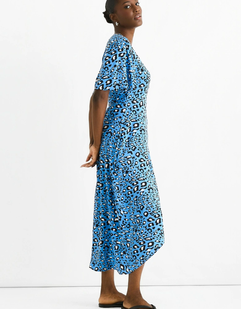 Blue Animal Print Viscose Wrap Midi Dress