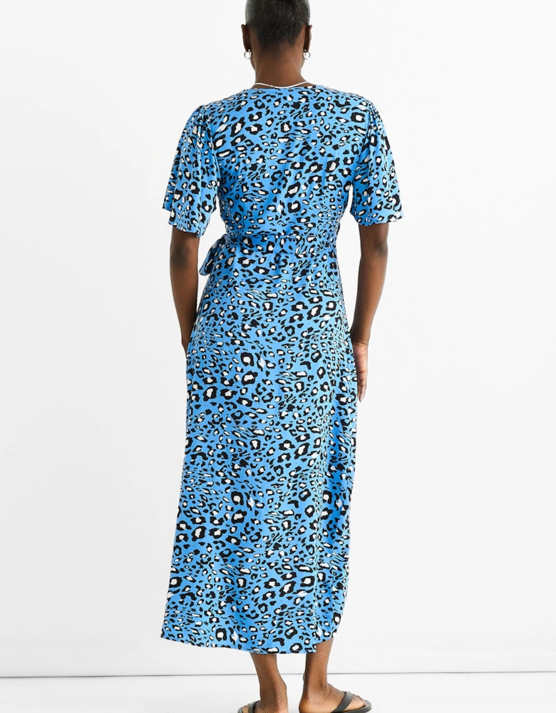 Blue Animal Print Viscose Wrap Midi Dress