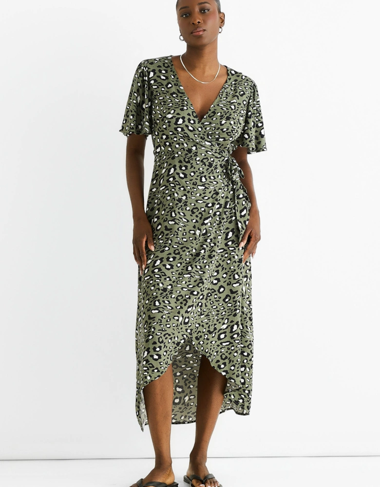 Khaki Animal Print Viscose Wrap Midi Dress