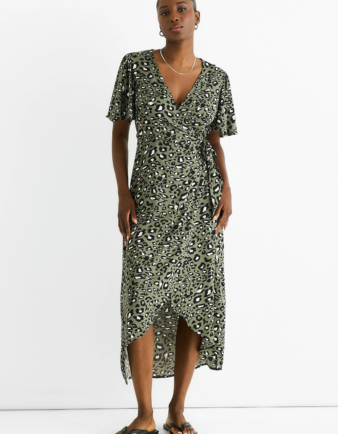 Gini London Women's Khaki Animal Print Viscose Wrap Midi Dress - Size: 8