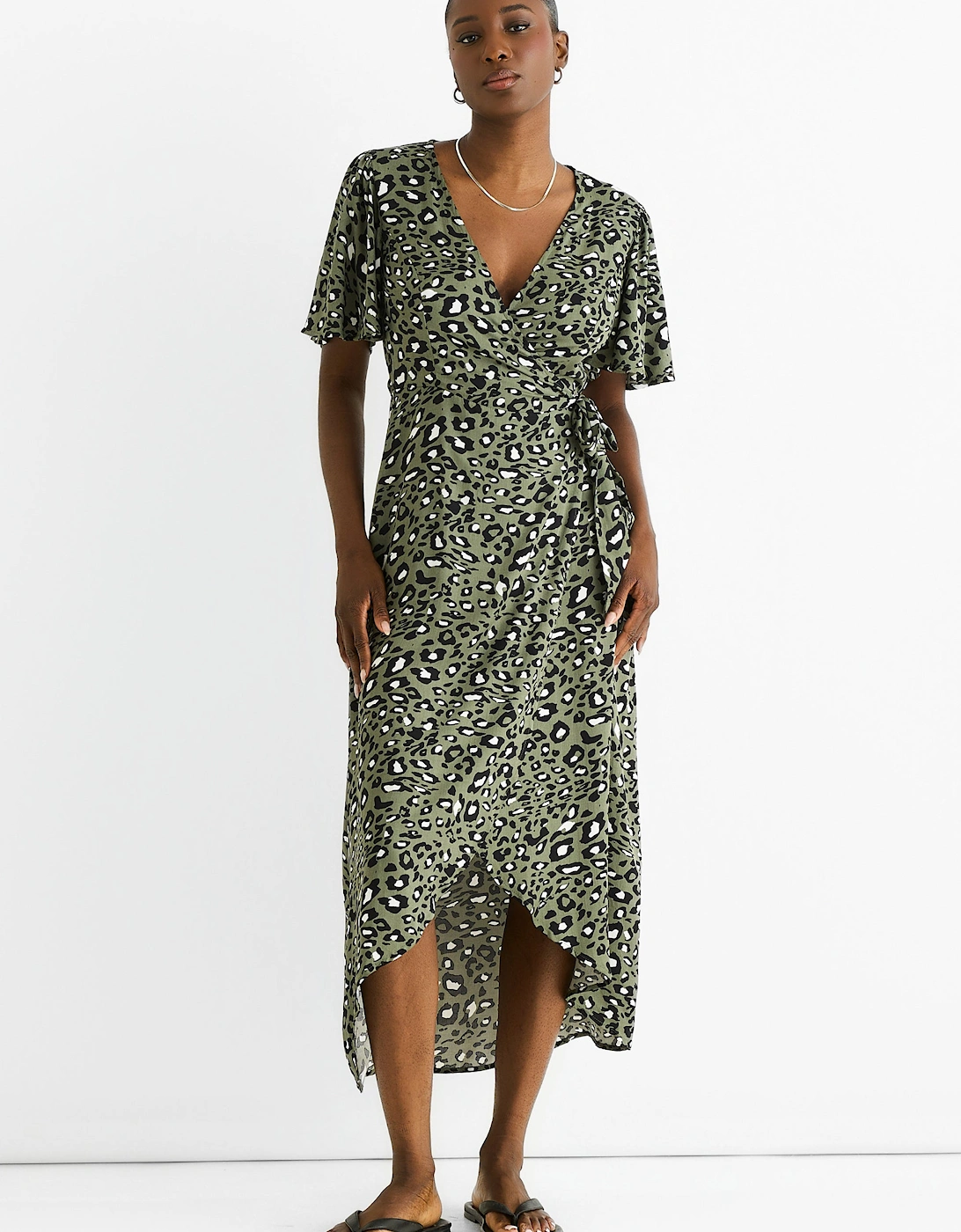 Khaki Animal Print Viscose Wrap Midi Dress, 5 of 4