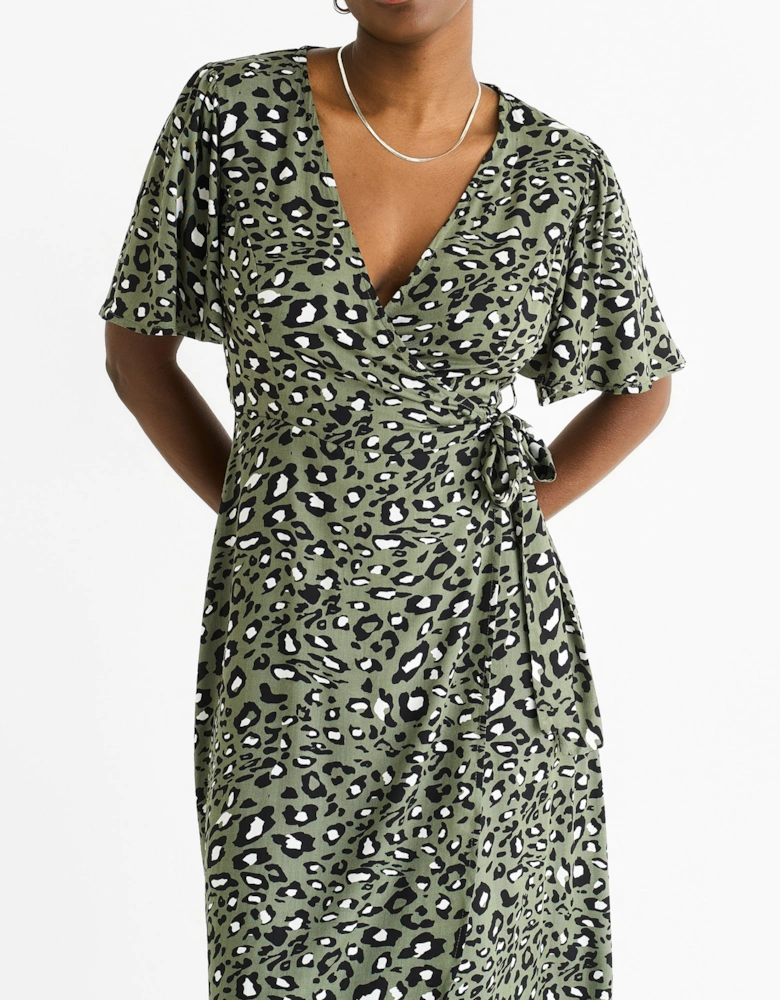 Khaki Animal Print Viscose Wrap Midi Dress