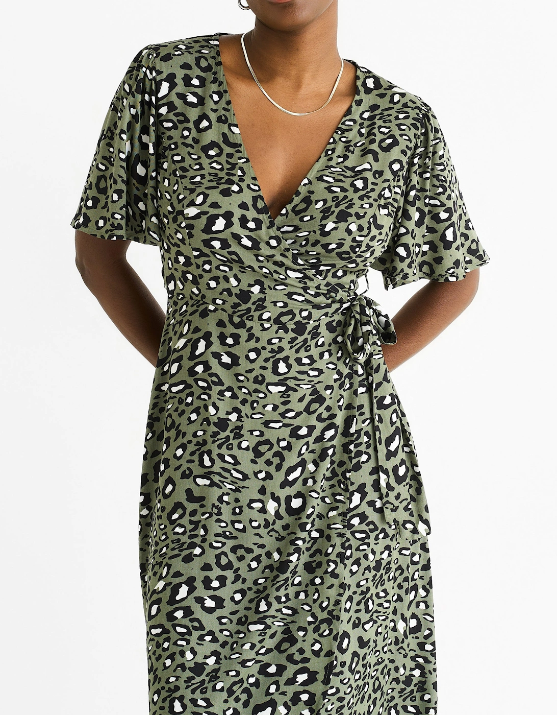 Khaki Animal Print Viscose Wrap Midi Dress