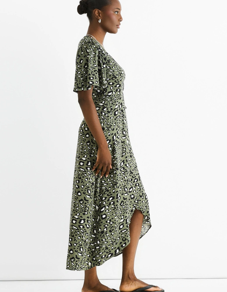 Khaki Animal Print Viscose Wrap Midi Dress