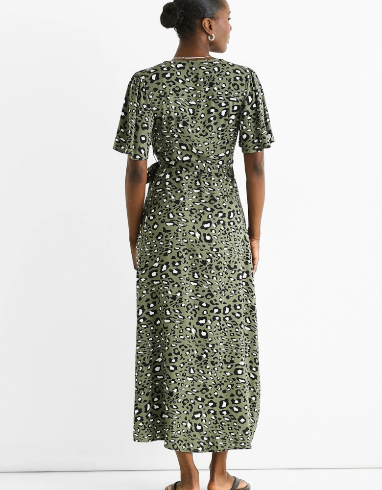 Khaki Animal Print Viscose Wrap Midi Dress