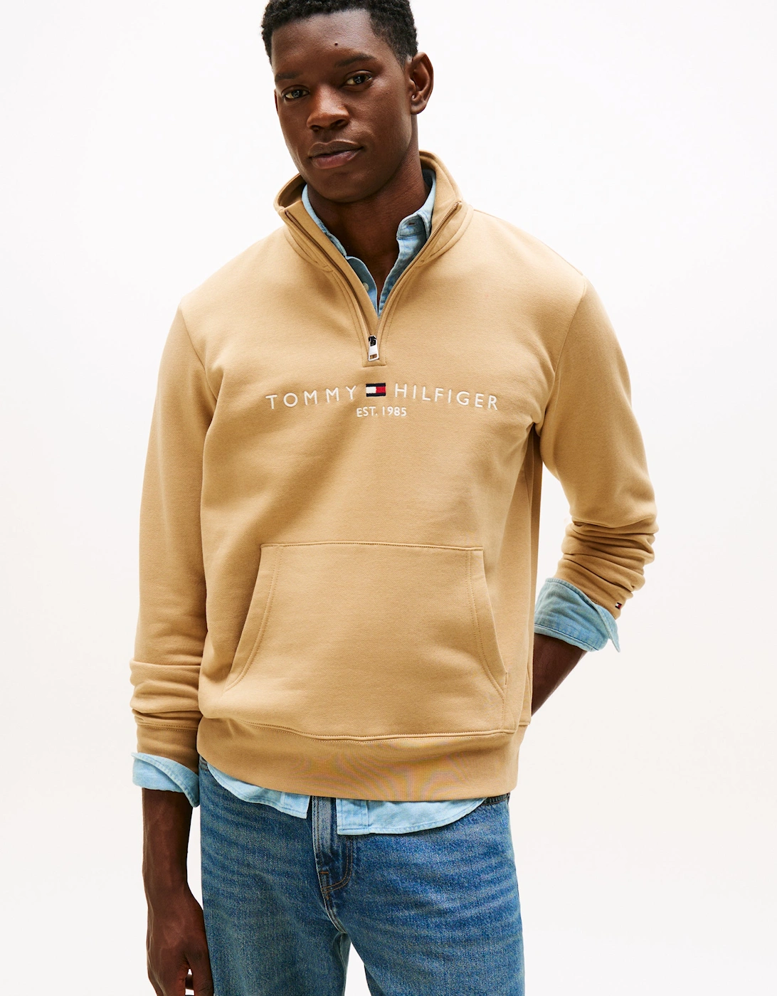 Men's Tommy Hilfiger Tommy Logo Mockneck Mens Sweatshirt - Timeless Camel - Tan - Size: 38
