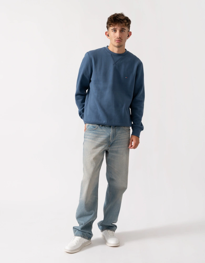 Essential Flag Embroidery Mens Fleece Crew Sweatshirt - Aegean Sea