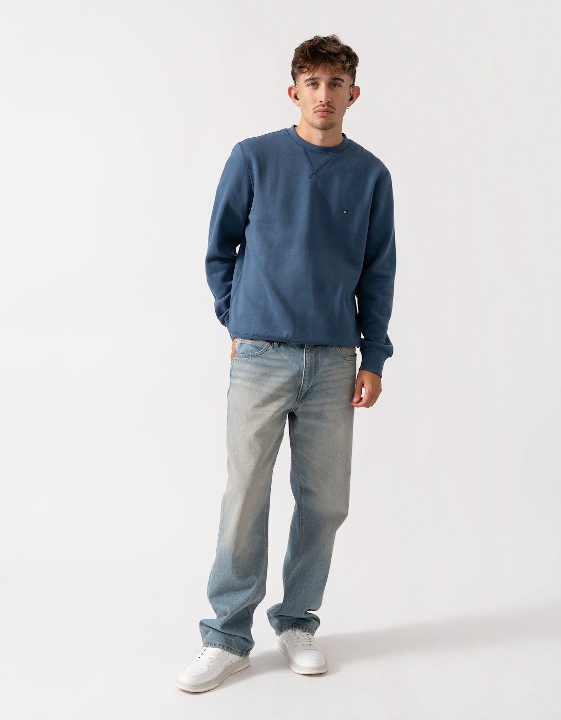 Essential Flag Embroidery Mens Fleece Crew Sweatshirt - Aegean Sea, 4 of 3