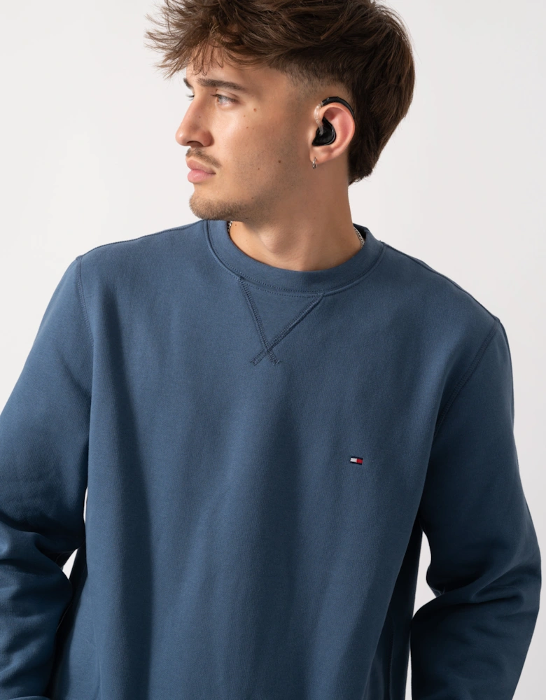 Essential Flag Embroidery Mens Fleece Crew Sweatshirt - Aegean Sea