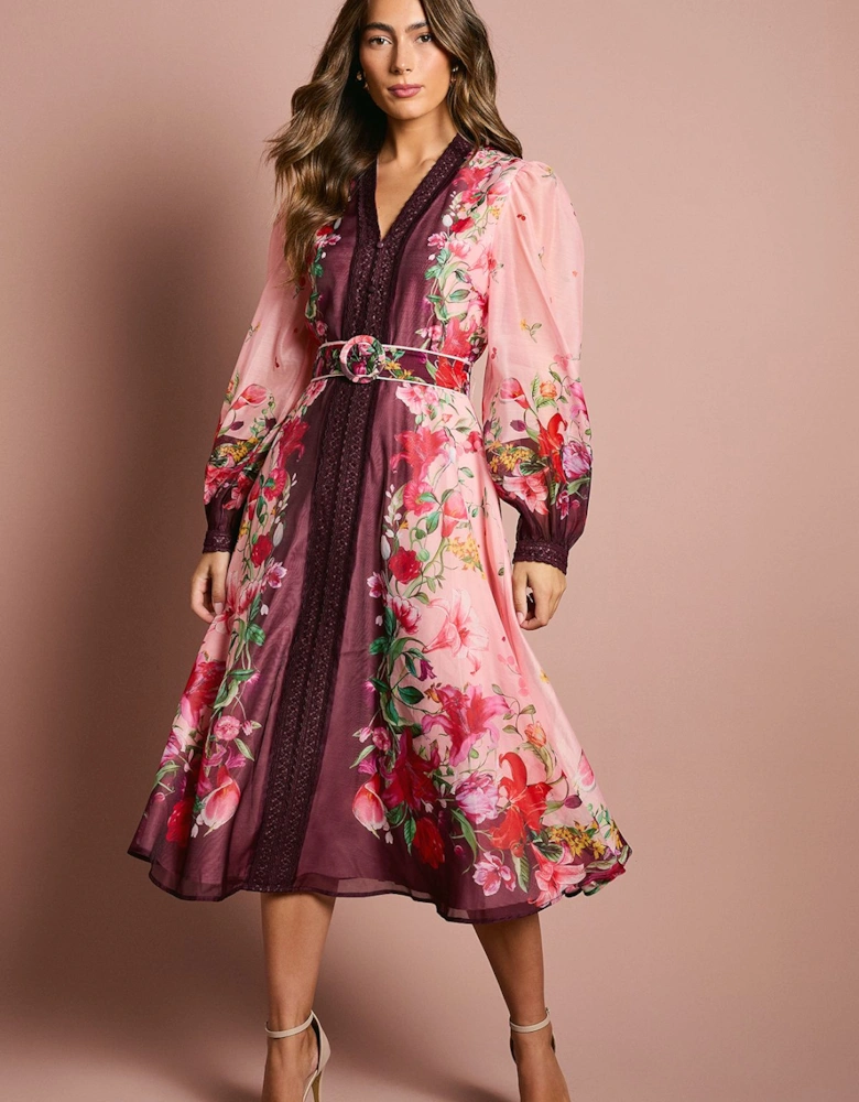 Long Sleeve Organza Midi Dress With Belt