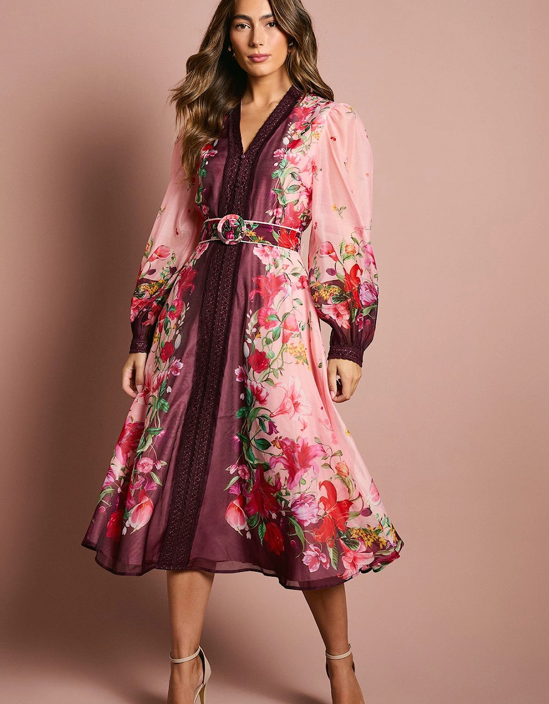 Long Sleeve Organza Midi Dress With Belt, 2 of 1