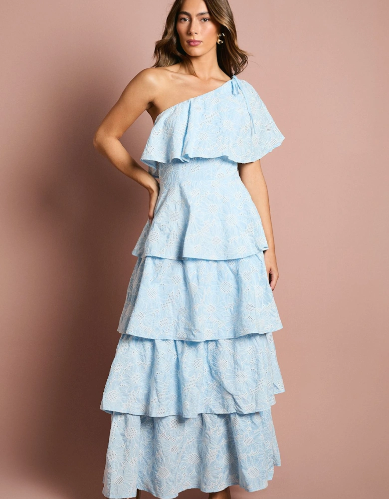 One Shoulder Tiered Broderie Midi Dress