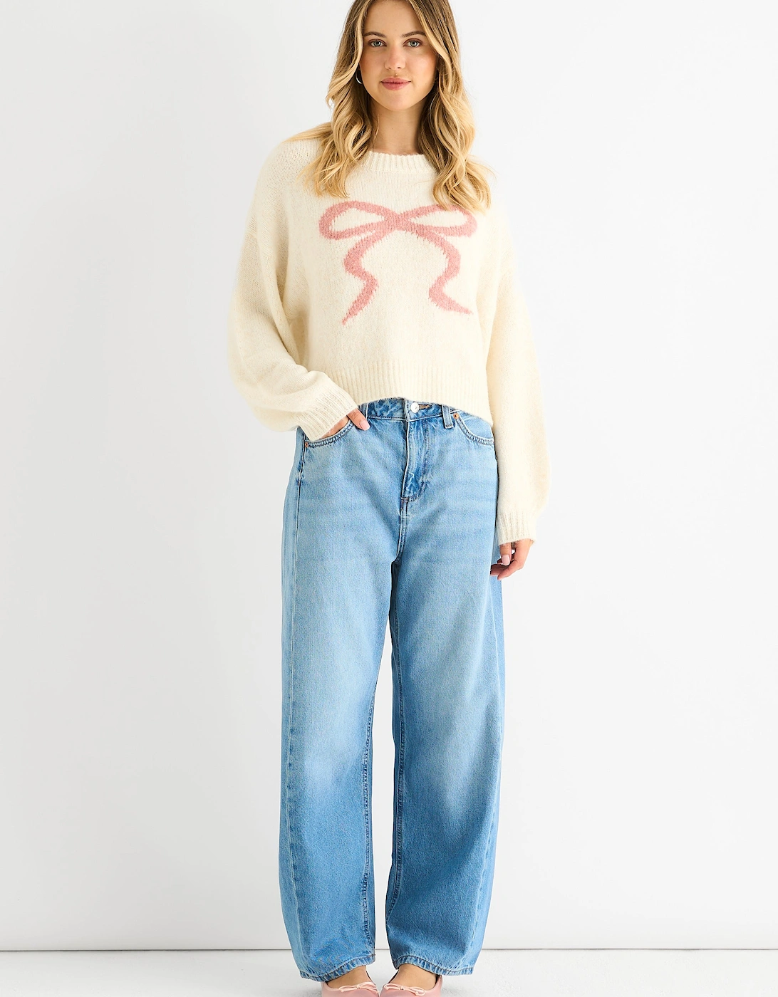 Cream Embossed Contrast Bow Short Knit Jumper