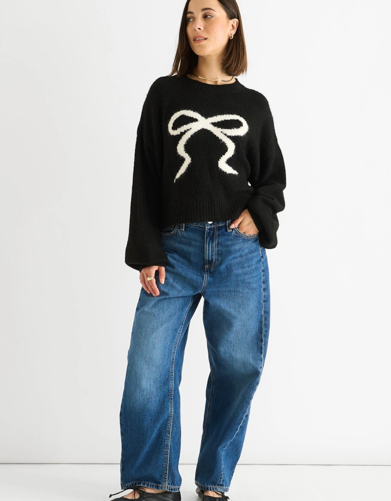 Black Embossed Contrast Bow Short Knit Jumper