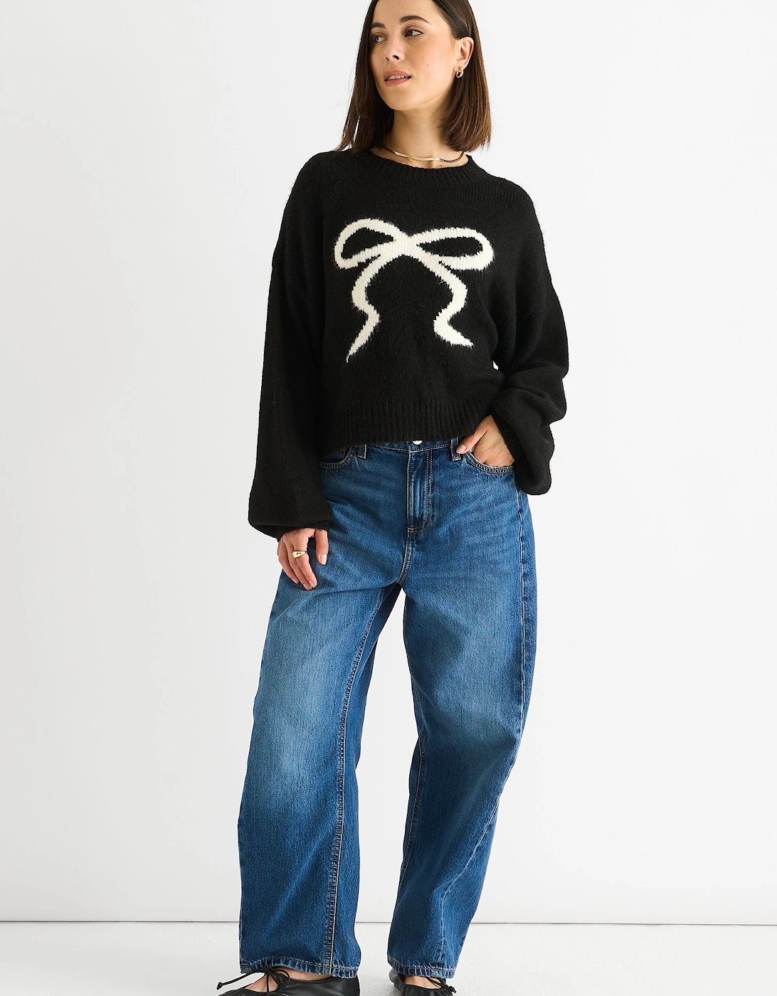 Black Embossed Contrast Bow Short Knit Jumper, 5 of 4