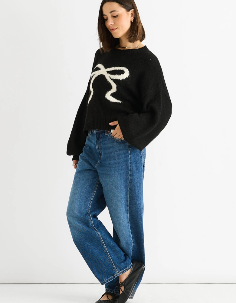 Black Embossed Contrast Bow Short Knit Jumper