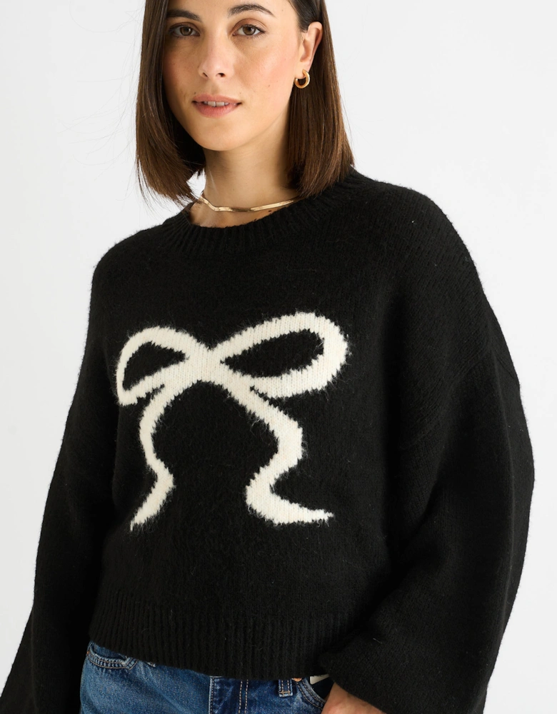 Black Embossed Contrast Bow Short Knit Jumper