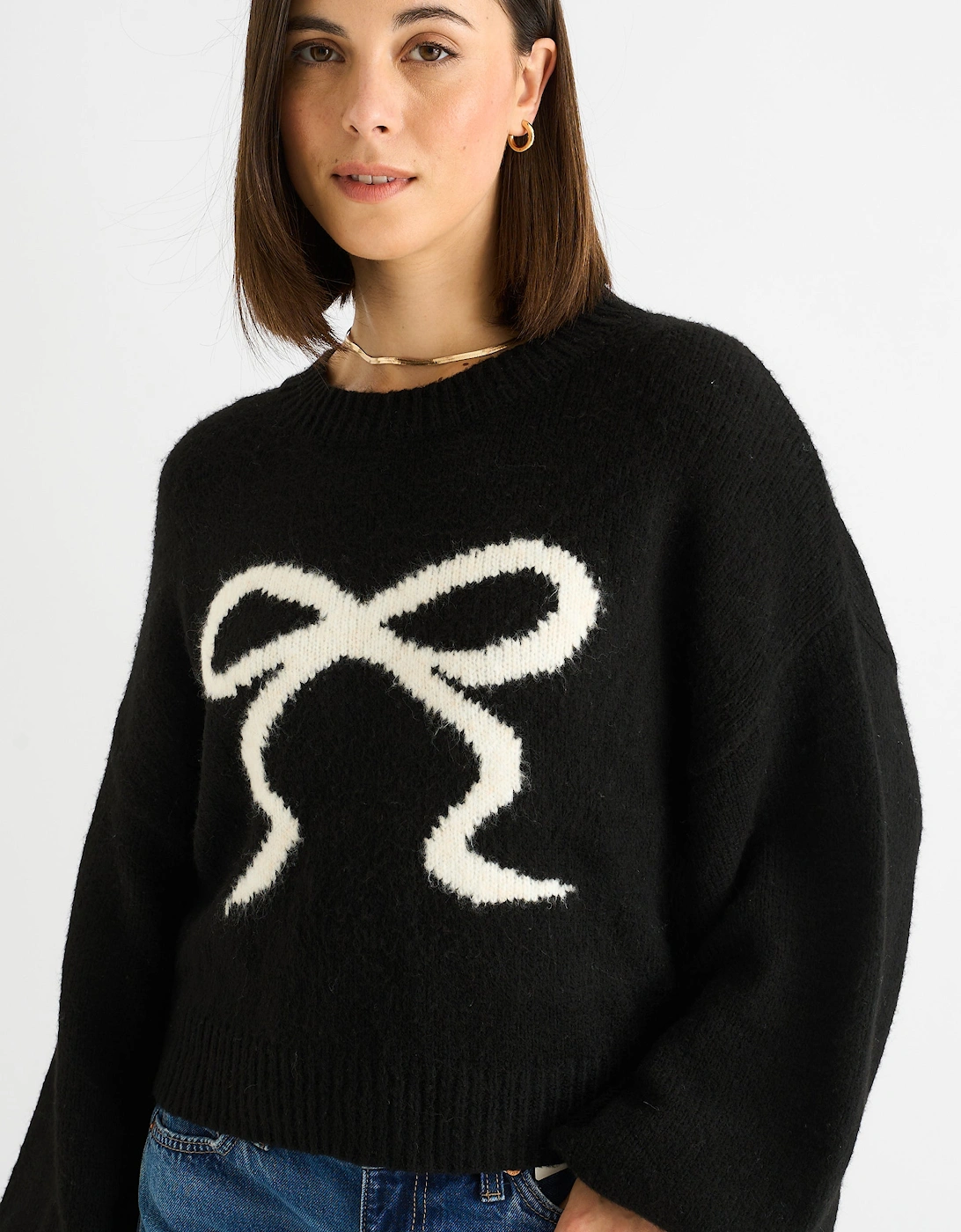 Black Embossed Contrast Bow Short Knit Jumper