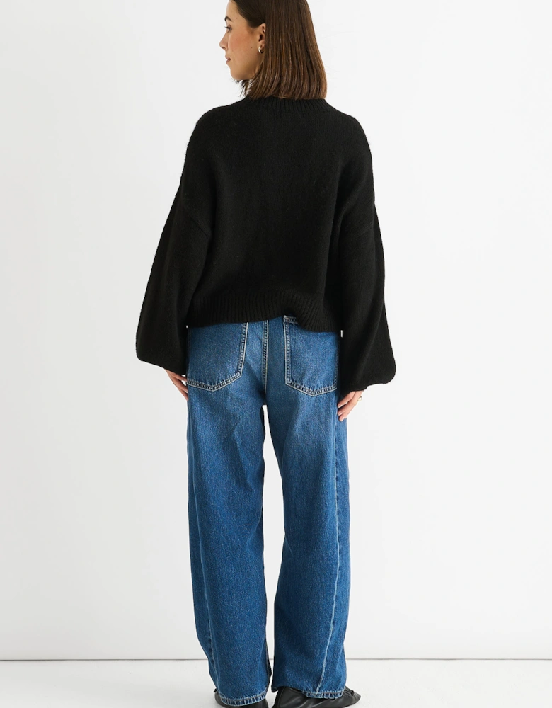 Black Embossed Contrast Bow Short Knit Jumper