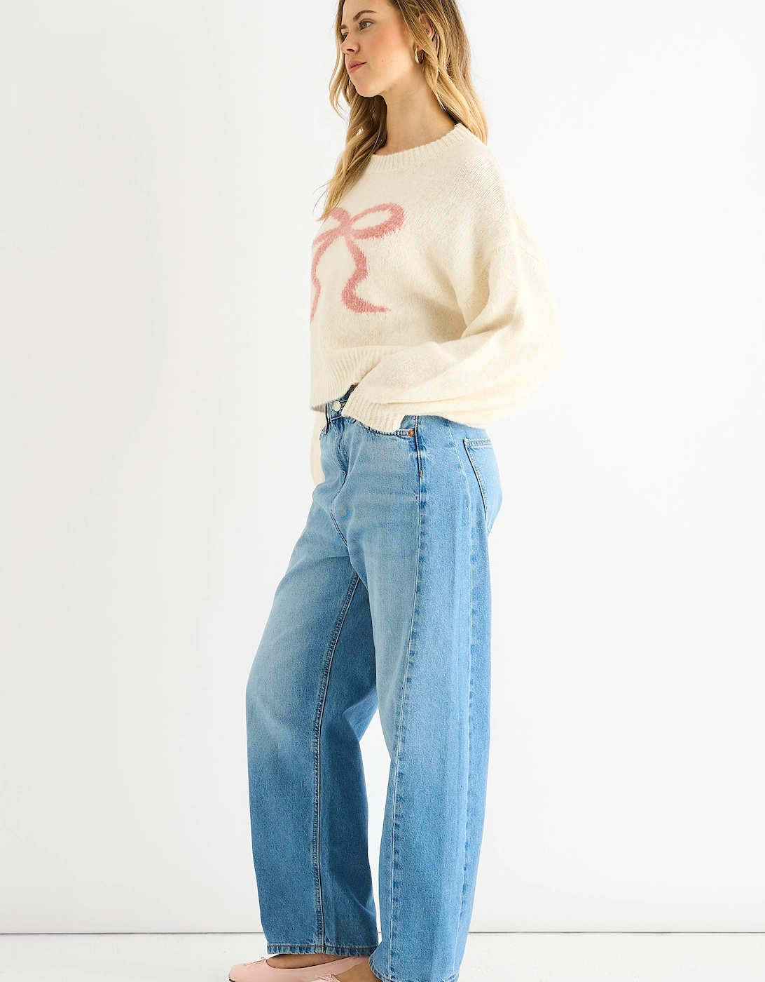 Cream Embossed Contrast Bow Short Knit Jumper