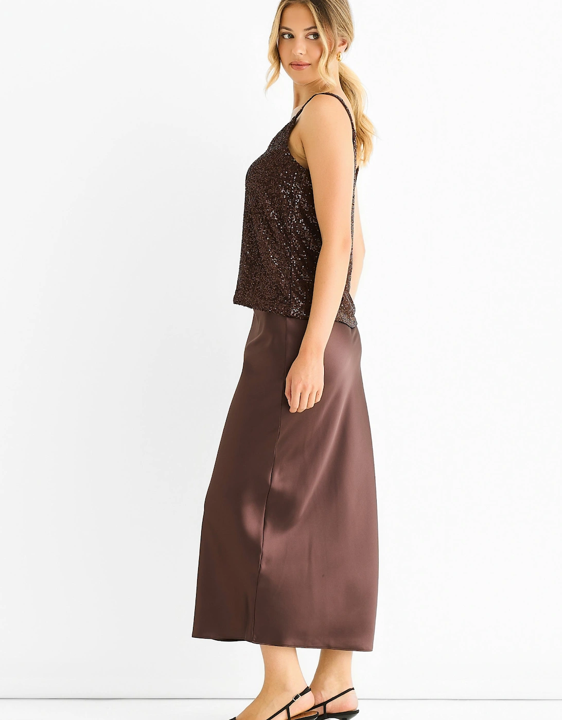 Chocolate Sequin V Neck Cami Top