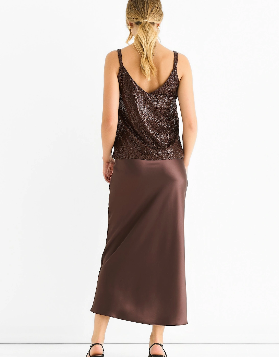 Chocolate Sequin V Neck Cami Top