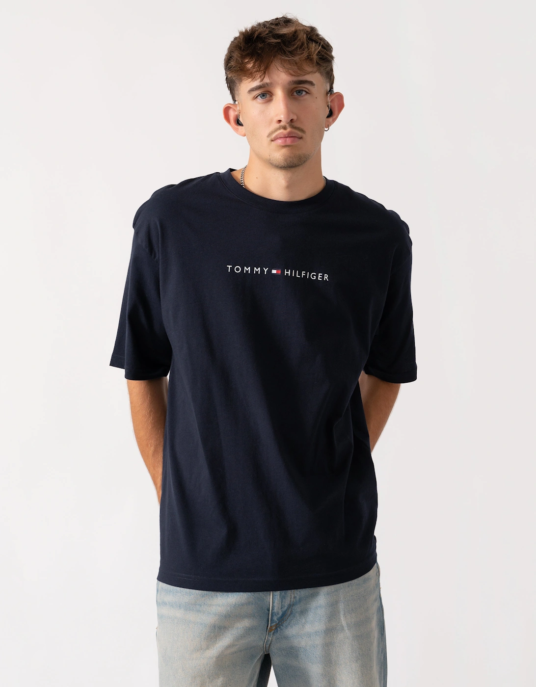 Tommy Hilfiger Men's Blue/Black Contrast Logo T-Shirt - Desert Sky - : 38 M