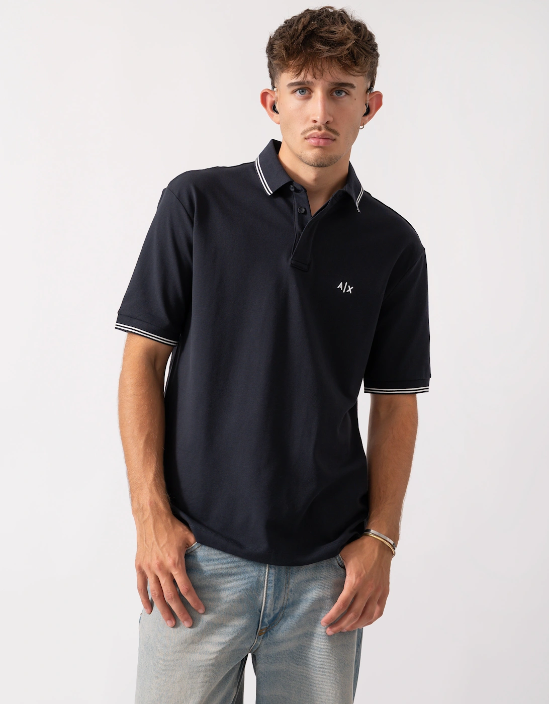 Armani Exchange Men's Black A|X Monogram Polo Shirt With Double Tipping - Deep Navy Ub101  38 M