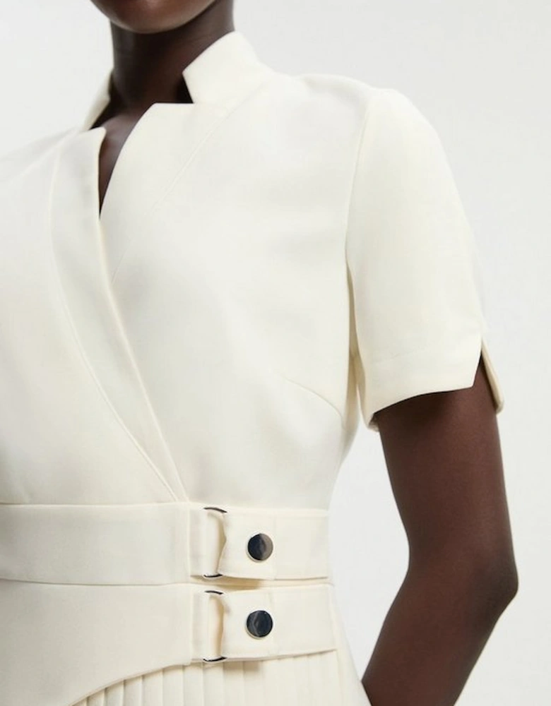 Tailored Crepe Military Pleat Notch Neck Wrap Mini Dress