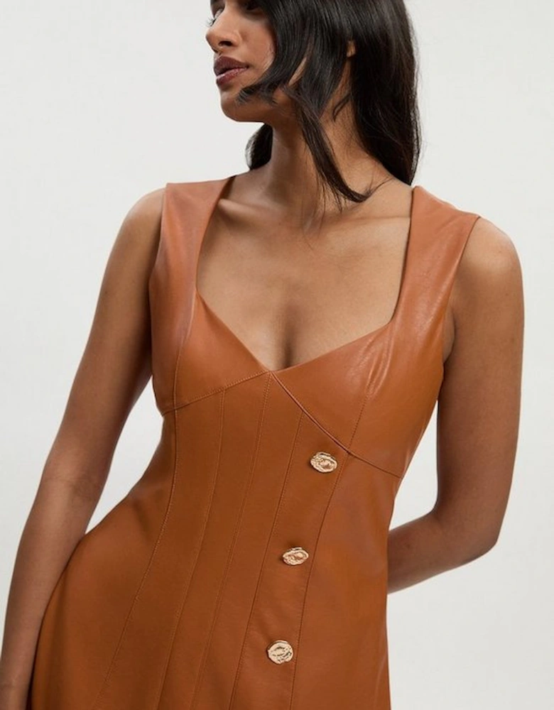 Faux Leather Button Detail Sleeveless Midi Dress