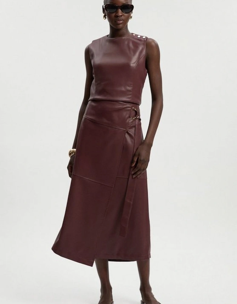 Faux Leather Tie Detail Wrap Midi Skirt