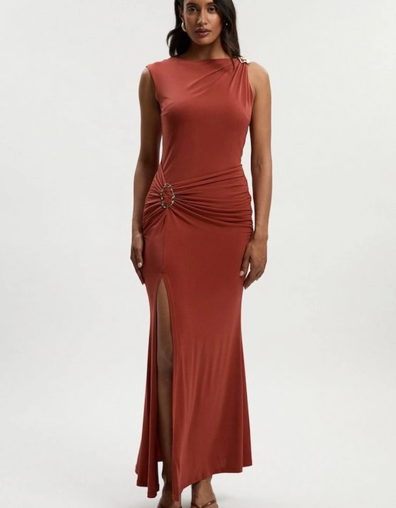 Drapey Crepe Trim Detail Ruched Maxi Dress