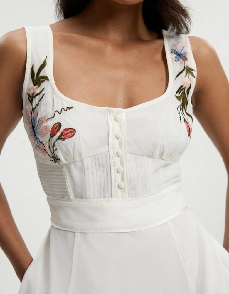 Botanical Embroidery Organdie Strappy Midi Dress