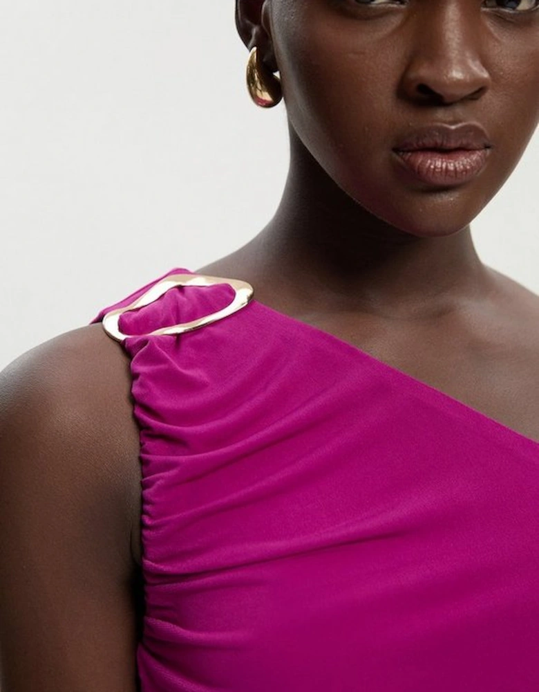 One Shoulder Drapey Crepe Trim Detail Ruched Maxi Dress