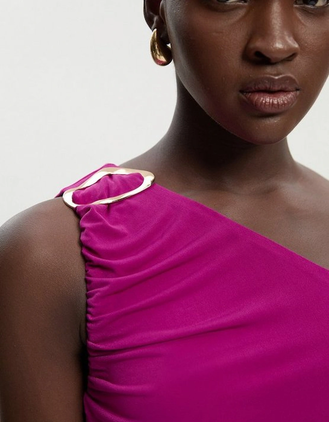 One Shoulder Drapey Crepe Trim Detail Ruched Maxi Dress