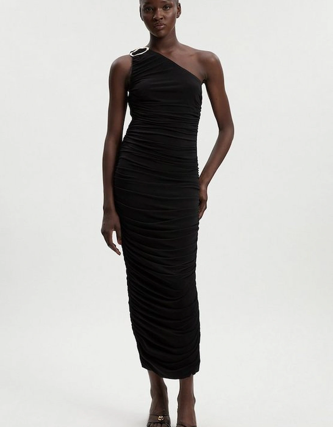 One Shoulder Drapey Crepe Trim Detail Ruched Maxi Dress, 4 of 3