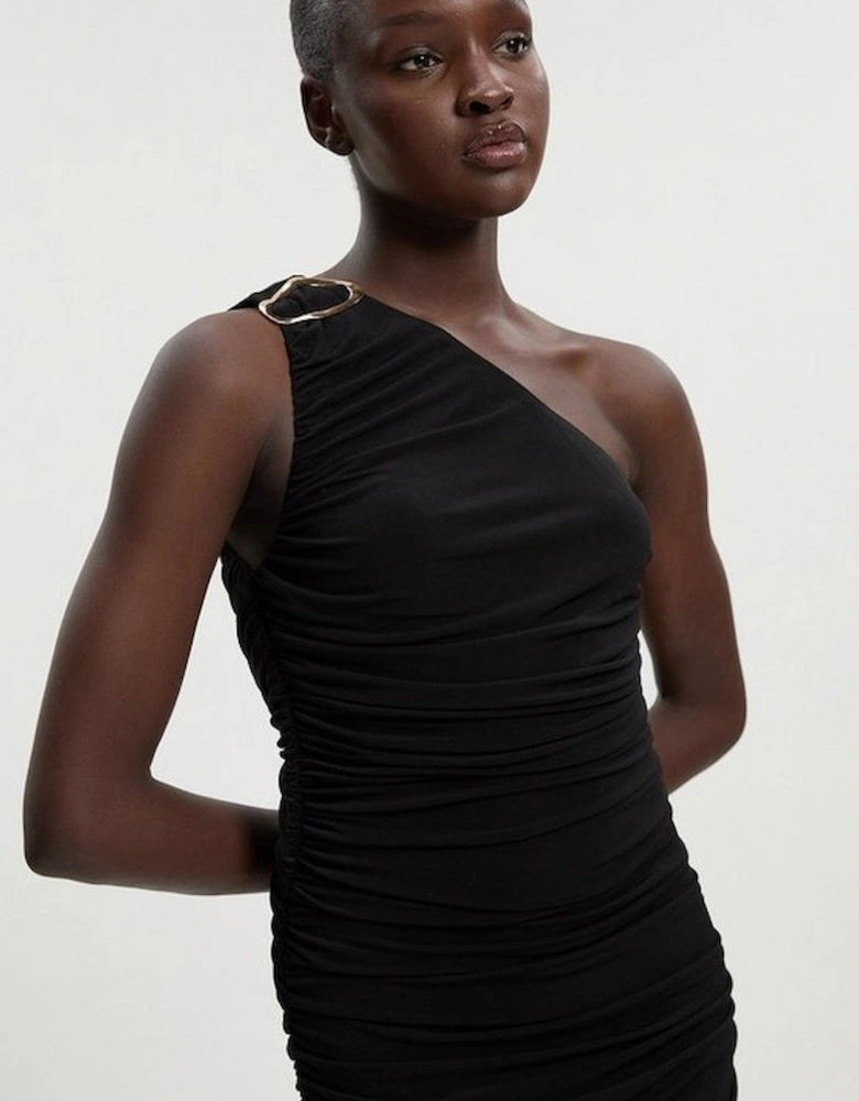 One Shoulder Drapey Crepe Trim Detail Ruched Maxi Dress