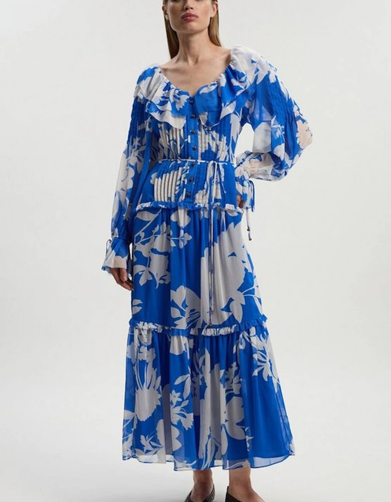Printed Georgette Ruffle Woven Maxi Dress